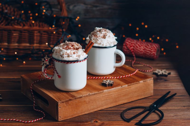 Warm cinnamon lattes topped with whipped cream